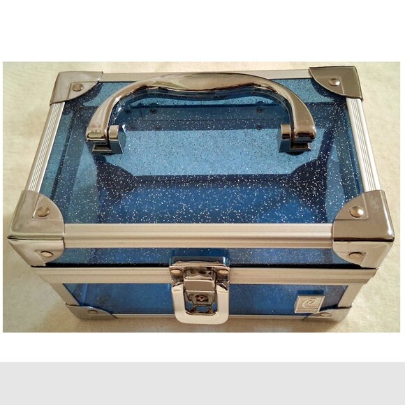 Makeup Storage Box, Blue Glitter Design, 7" x 4.5" x 4.5", Vintage Caboodles - Picture 1 of 10